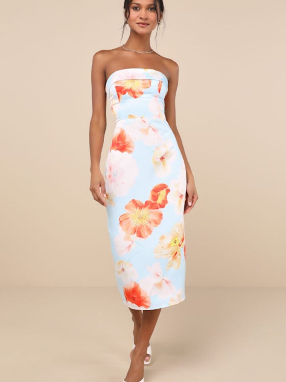 Lulus Oriana Light Blue Floral Satin Strapless Midi Dress - Size L